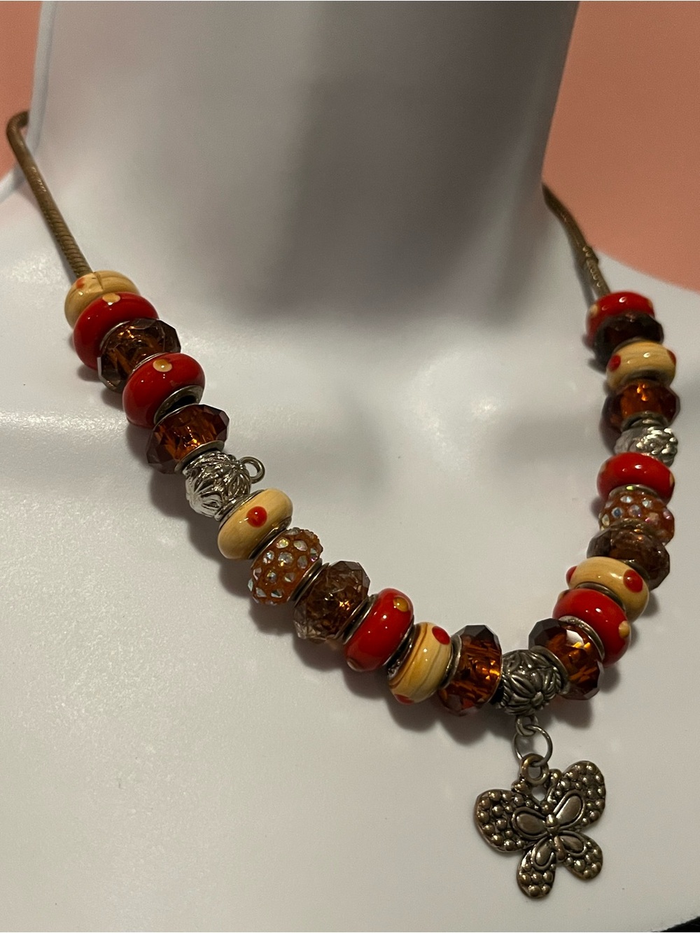Landau .925 Red and Amber Beaded Necklace with Butterfly Charm